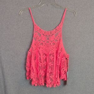 HYFVE Neon Coral Crochet Sheer Tank Women's M NWT